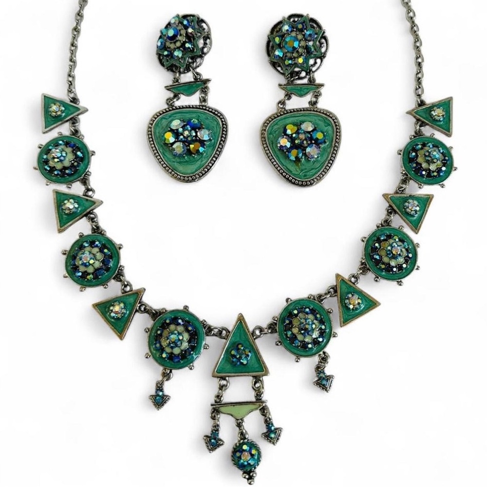 VTG 70’s Aurora Borealis Rhinestone Green Enamel Chandelier Necklace & Earrings